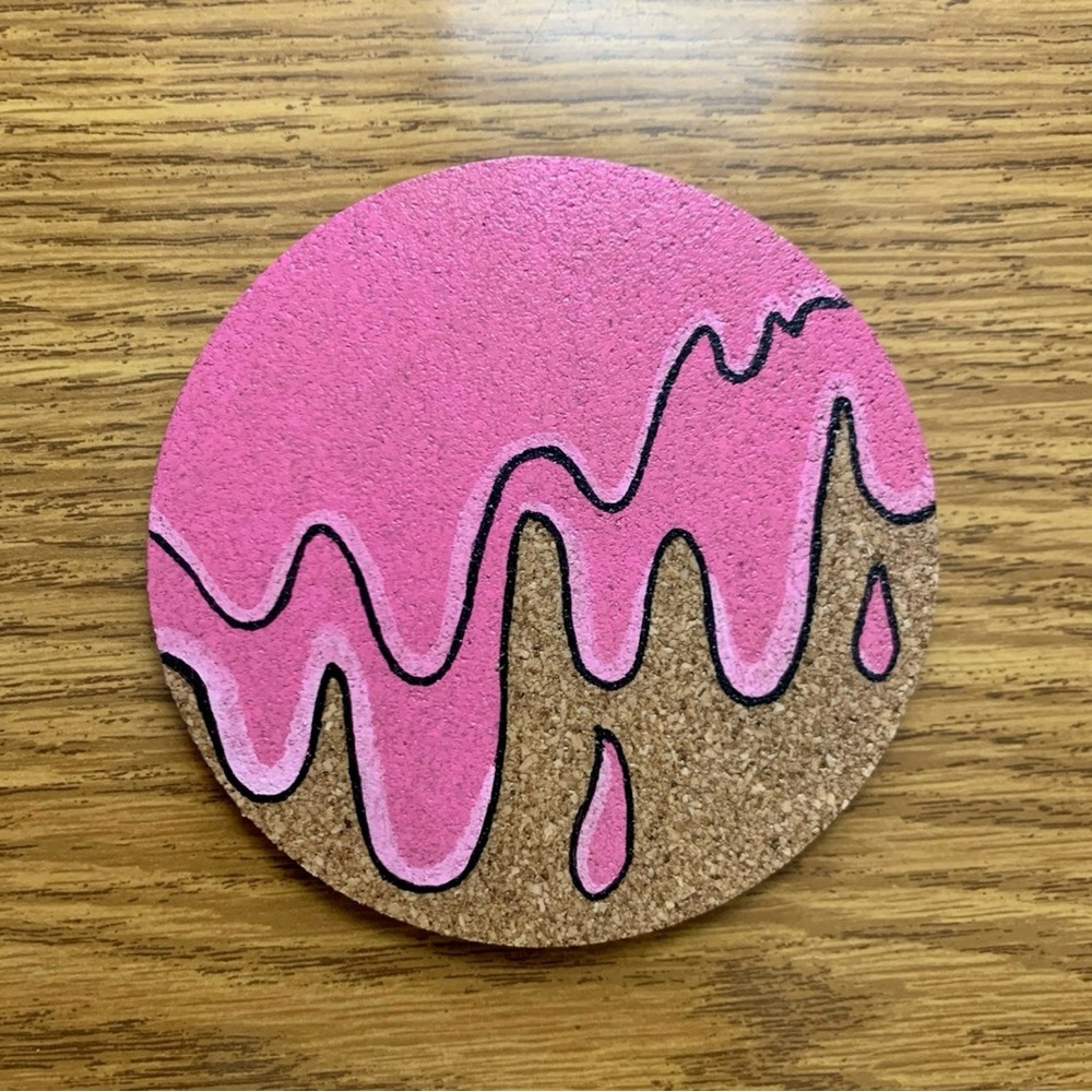 Pink Grime Drip Painted Cork Coaster
